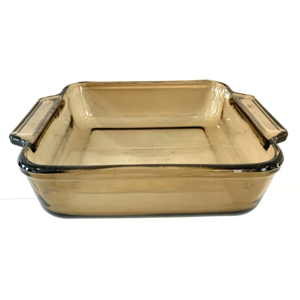 Vintage Anchor Oven Baking Dish 8x8x2.25 Inch 2 Quart Amber Casserole Pan Pyrex
